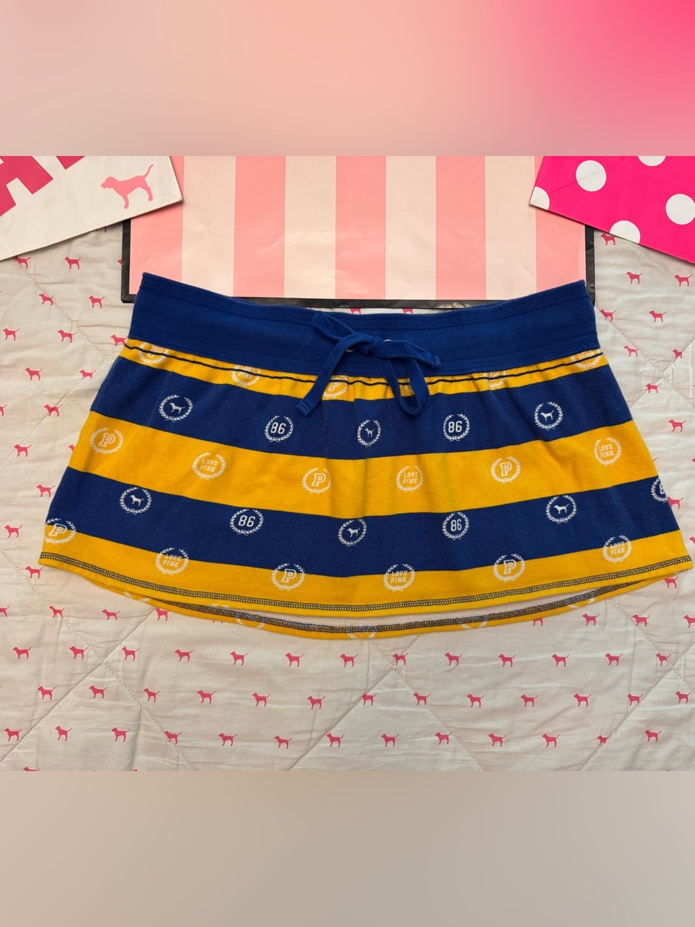 VS PINK VINTAGE Y2K MINI SKIRT BLUE & YELLOW STRIPED DOG CREST LOVE 86 LOGO RARE